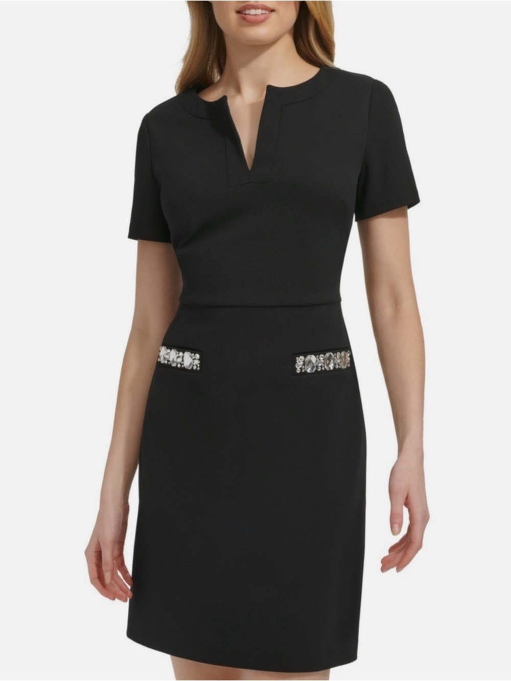 Tommy Hilfiger Petite Black Split Neck Beaded Pocket Sheath Dress Size 2P
